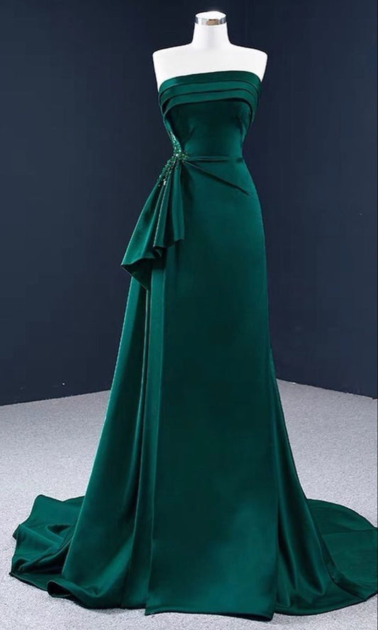 Elegante vestido de noche verde esmeralda de satén largo sin tirantes para madre de la novia, GG3061