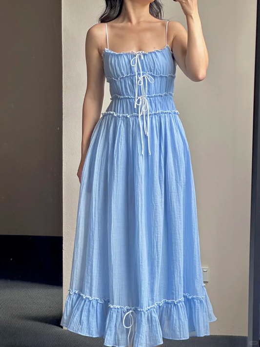Vestido largo de satén azul con tirantes finos y corte en A, para fiesta de graduación o de noche (GG3064)