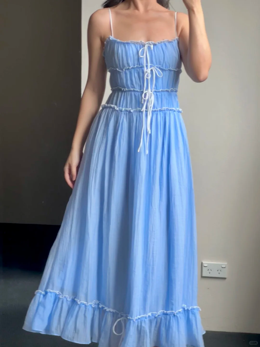 Vestido largo de satén azul con tirantes finos y corte en A, para fiesta de graduación o de noche (GG3064)
