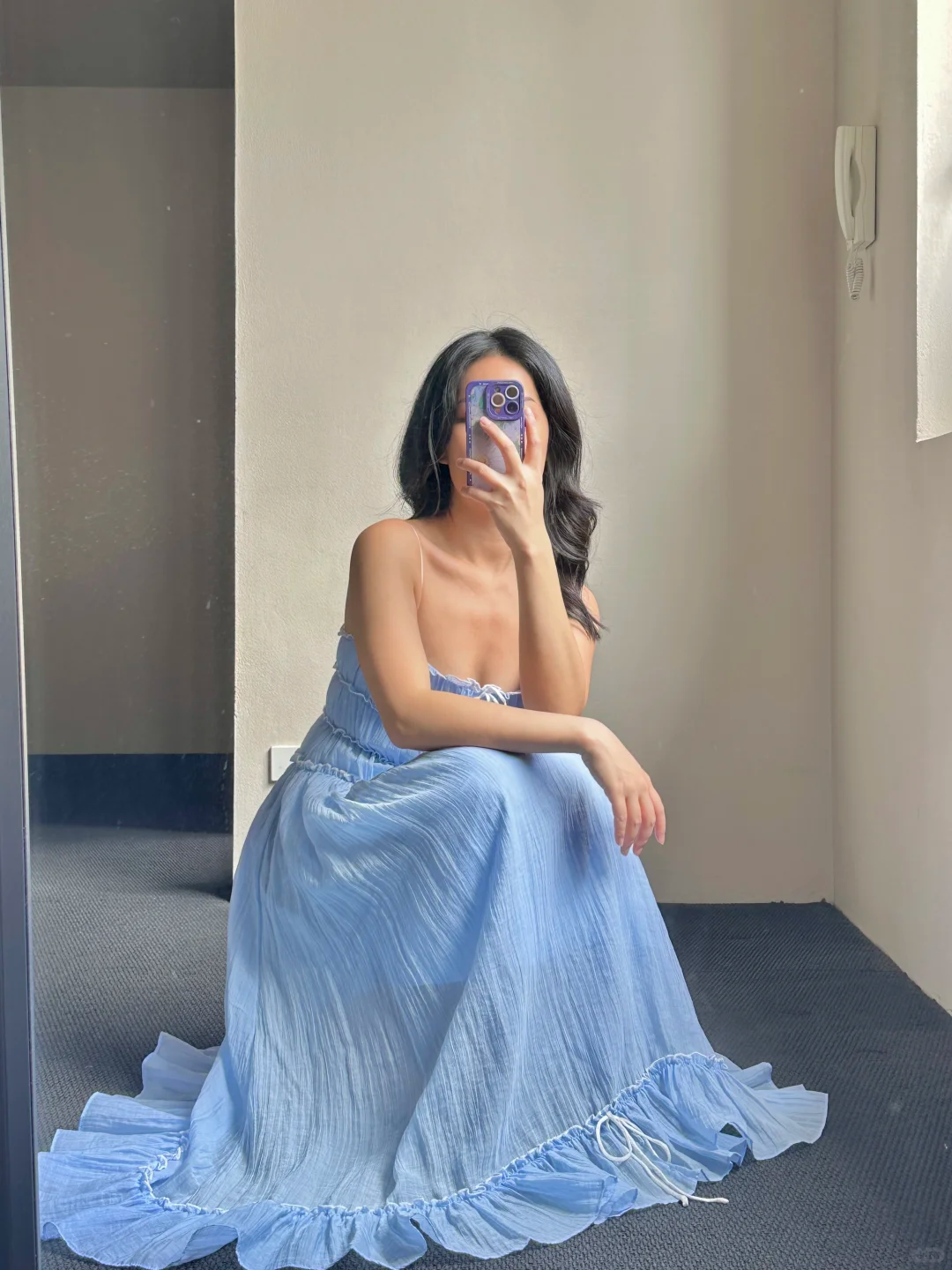 Vestido largo de satén azul con tirantes finos y corte en A, para fiesta de graduación o de noche (GG3064)