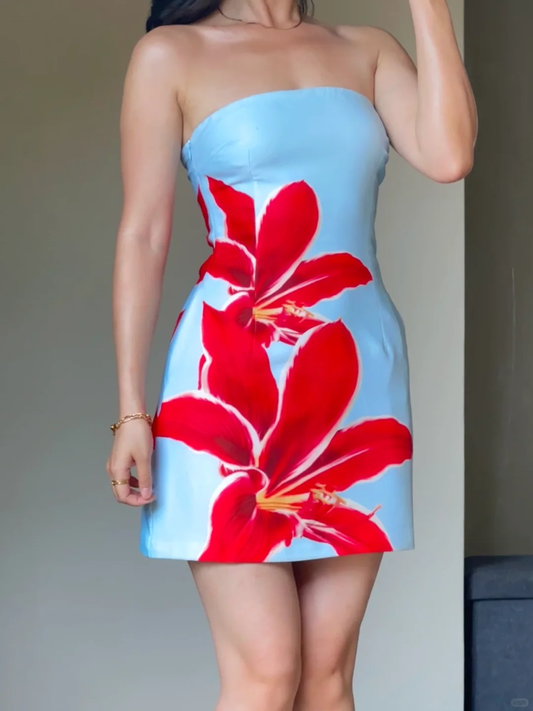 Vestido corto de fiesta con estampado floral de satén sin tirantes, estilo sirena, para regreso a casa y cumpleaños, GG3066
