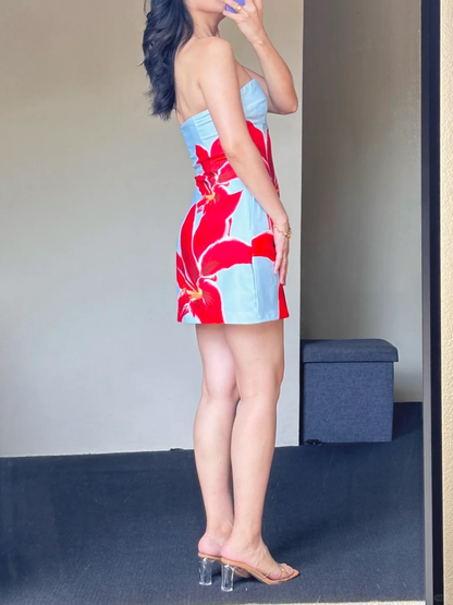 Vestido corto de fiesta con estampado floral de satén sin tirantes, estilo sirena, para regreso a casa y cumpleaños, GG3066