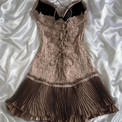 Vestido de fiesta corto de satén marrón con tirantes finos, corte en A, encaje, para regreso a casa y cumpleaños GG3069