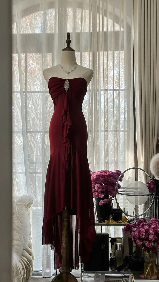 Vestido de fiesta largo de gasa estilo sirena burdeos vintage sin tirantes, vestido de fiesta, vestido de noche GG3070