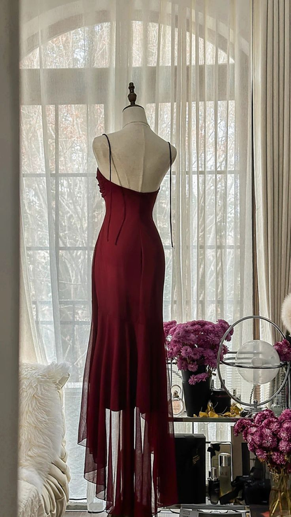 Vestido de fiesta largo de gasa estilo sirena burdeos vintage sin tirantes, vestido de fiesta, vestido de noche GG3070