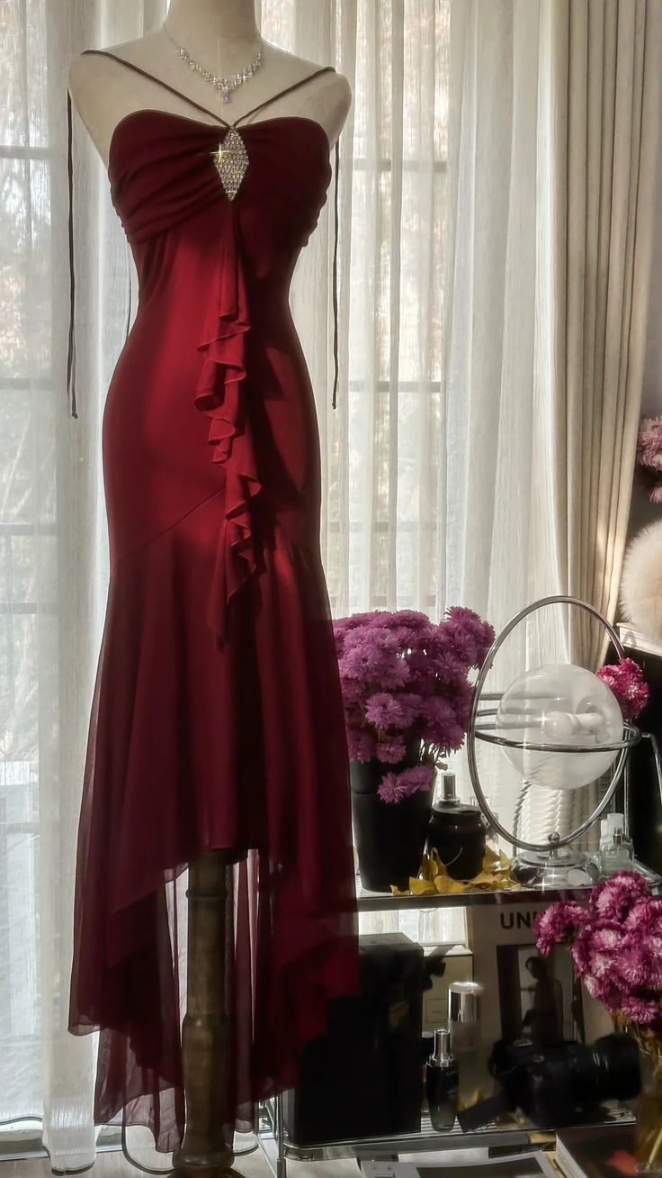 Vestido de fiesta largo de gasa estilo sirena burdeos vintage sin tirantes, vestido de fiesta, vestido de noche GG3070