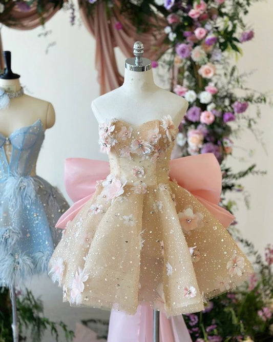 Vestido de fiesta corto sin tirantes, de satén, con lentejuelas y apliques florales, ideal para el regreso a casa y para cumpleaños GG3071