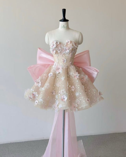 Vestido de fiesta corto sin tirantes, de satén, con lentejuelas y apliques florales, ideal para el regreso a casa y para cumpleaños GG3071