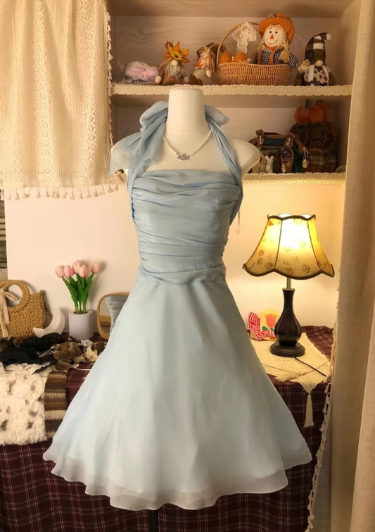 Vestido de fiesta corto de gasa con cuello halter, corte A, para regreso a casa y cumpleaños GG3077