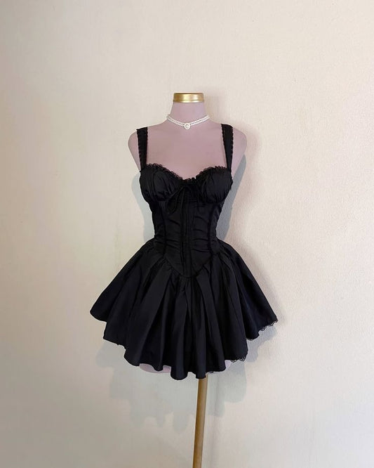 Vestido de fiesta corto de satén negro con escote en forma de A, vestido de bienvenida y vestido de cumpleaños GG3078