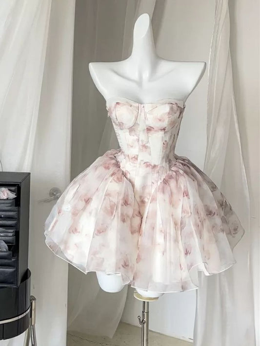 Vestido de fiesta corto de gasa con estampado, corte A, sin tirantes, para regreso a casa y cumpleaños GG3079