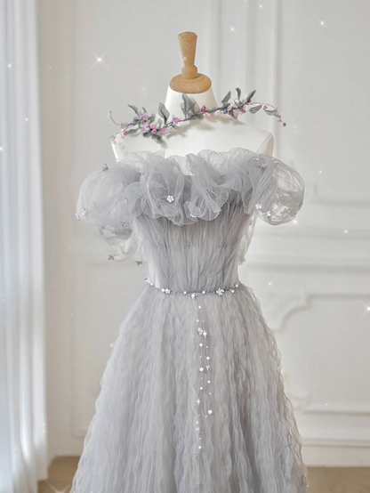 Vestido de fiesta largo de tul gris con hombros descubiertos y cinturón floral, delicado corte en A, vestido de noche GG307