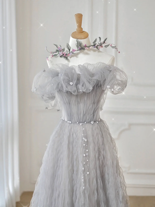 Vestido de fiesta largo de tul gris con hombros descubiertos y cinturón floral, delicado corte en A, vestido de noche GG307