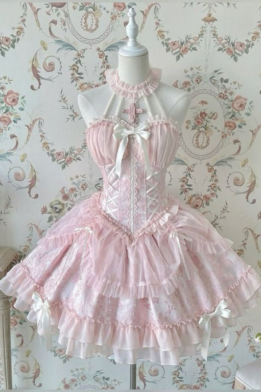 Vestido de princesa con cuello halter, de satén rosa y gasa, para fiesta de graduación, de regreso a casa y de cumpleaños, GG3080