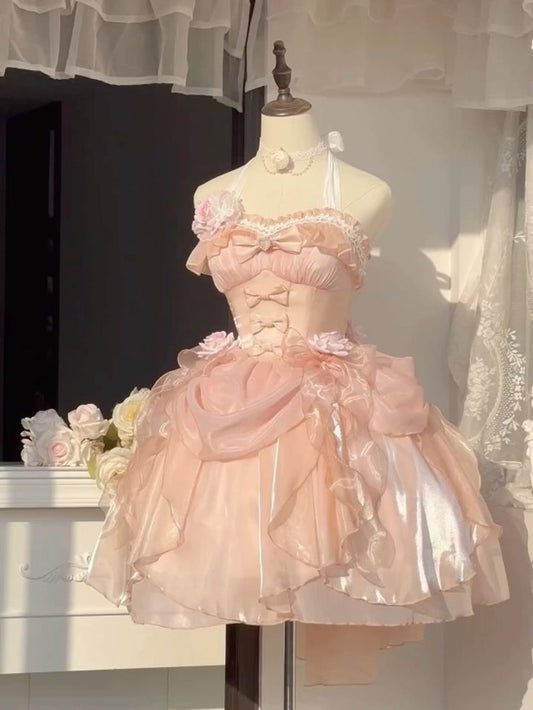Vestido de fiesta corto de satén con cuello halter y gasa, único, para fiesta de bienvenida y cumpleaños GG3081
