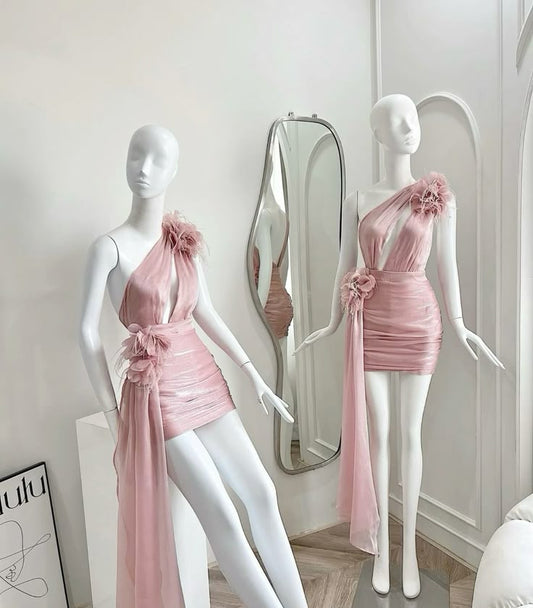 Vestido de fiesta corto de satén con un solo hombro y corte sirena, vestido de bienvenida y vestido de cumpleaños GG3089