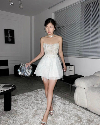 Elegante vestido de fiesta corto de tul blanco sin tirantes, con encaje y cuentas, para regreso a casa y cumpleaños GG3092