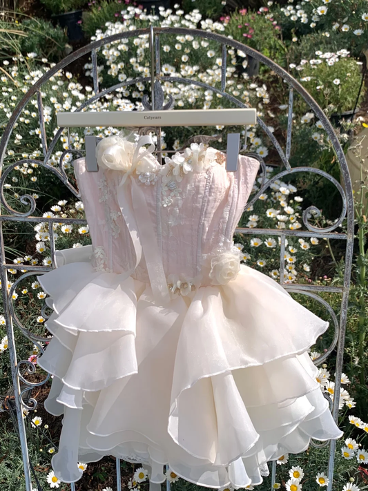 Vestido de fiesta corto de satén rosa, sin tirantes, con apliques de gasa, corte A, para regreso a casa y cumpleaños, GG3093