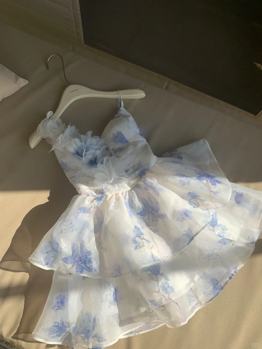 Vestido corto elegante de gasa con tirantes finos, corte A, estampado, para fiesta de bienvenida y cumpleaños GG3094