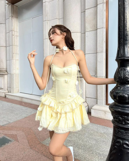 Vestido corto de satén amarillo pastel, sin tirantes, con apliques, corte A, para fiesta de bienvenida y cumpleaños, GG3098