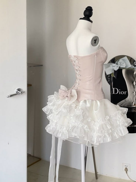Vestido corto de fiesta con tutú, volantes y corsé de cuero sintético rosa, corte A, único, para regreso a casa y cumpleaños, GG3101