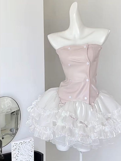 Vestido corto de fiesta con tutú, volantes y corsé de cuero sintético rosa, corte A, único, para regreso a casa y cumpleaños, GG3101