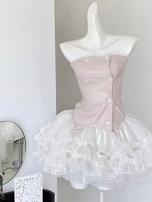 Vestido corto de fiesta con tutú, volantes y corsé de cuero sintético rosa, corte A, único, para regreso a casa y cumpleaños, GG3101