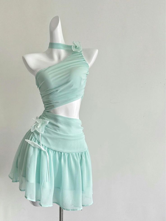 Vestido de fiesta corto de gasa azul Tiffany, corte A, un hombro, único, para regreso a casa y cumpleaños GG3105