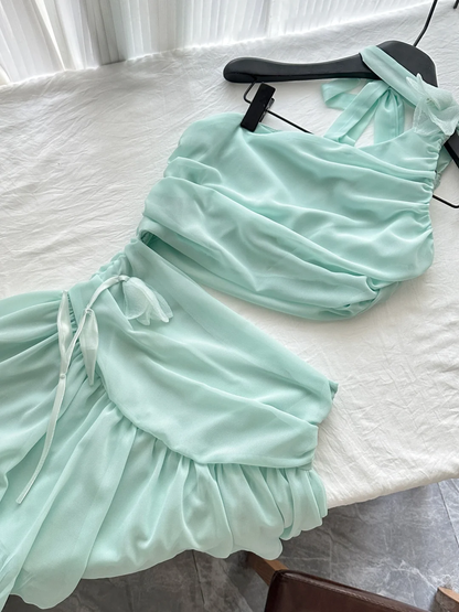 Vestido de fiesta corto de gasa azul Tiffany, corte A, un hombro, único, para regreso a casa y cumpleaños GG3105