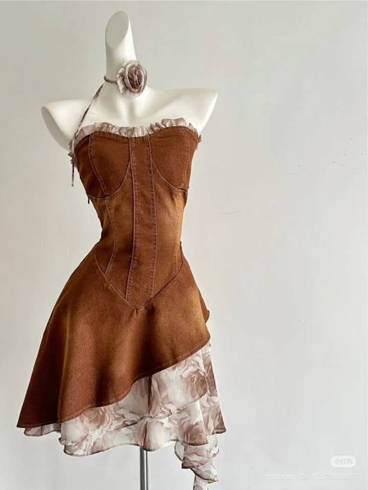 Vestido de fiesta corto de satén marrón sin tirantes, corte A, de gasa, para regreso a casa y cumpleaños, GG3106