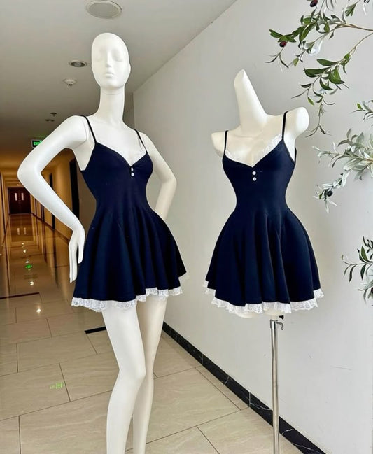 Vestido de fiesta corto de satén azul marino con tirantes finos, corte en A, para regreso a casa y cumpleaños GG3109