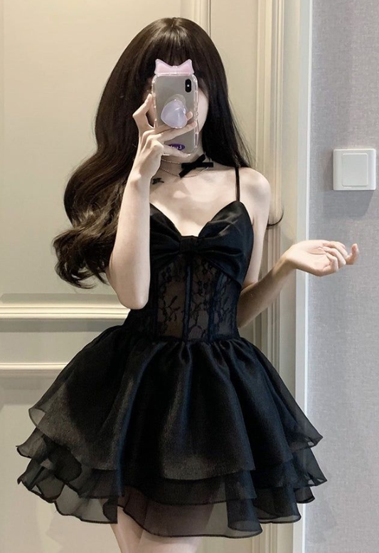 Vestido de fiesta corto de gasa con encaje y tirantes finos, corte en A, color negro, para regreso a casa y cumpleaños, GG3111