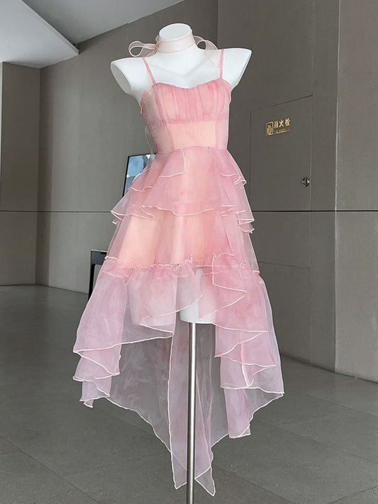 Vestido corto de gasa rosa con tirantes finos, corte A, para fiesta de bienvenida y cumpleaños, GG3114