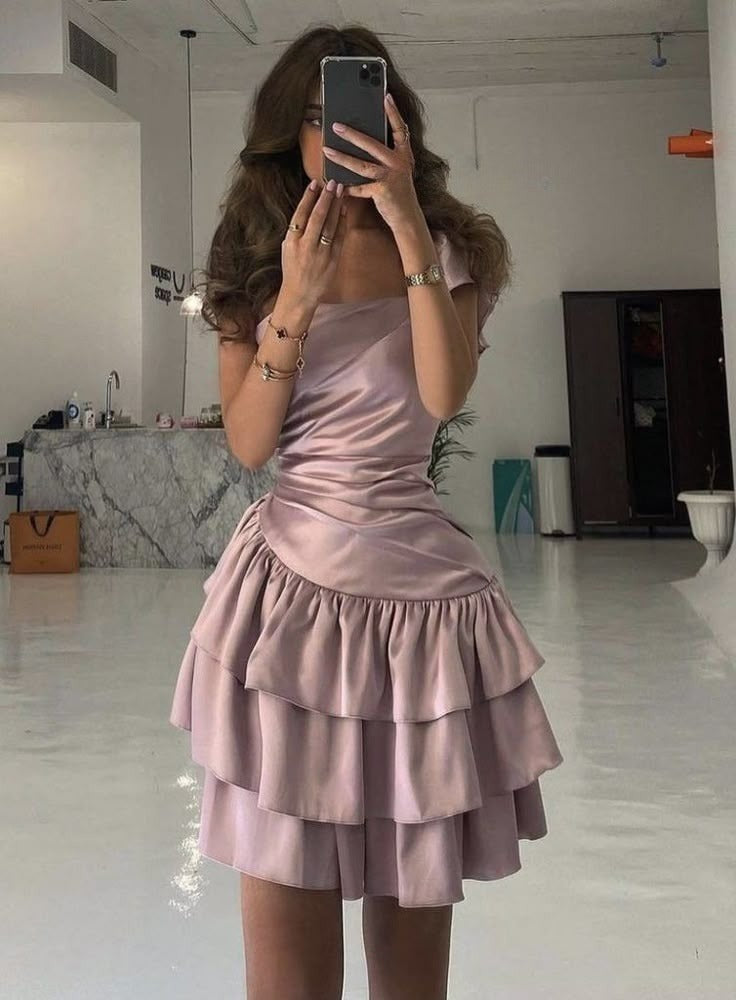 Vestido de fiesta corto de satén rosa empolvado, corte A, único, para regreso a casa y cumpleaños GG3115