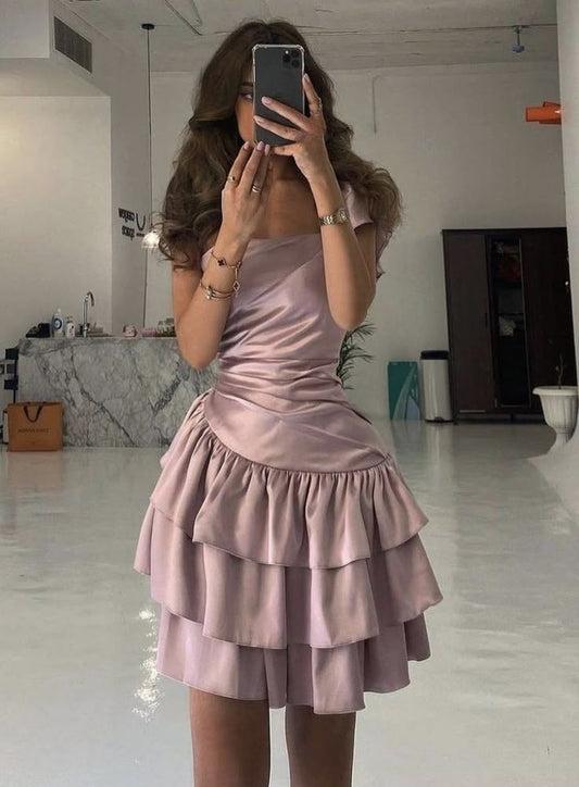 Vestido de fiesta corto de satén rosa empolvado, corte A, único, para regreso a casa y cumpleaños GG3115