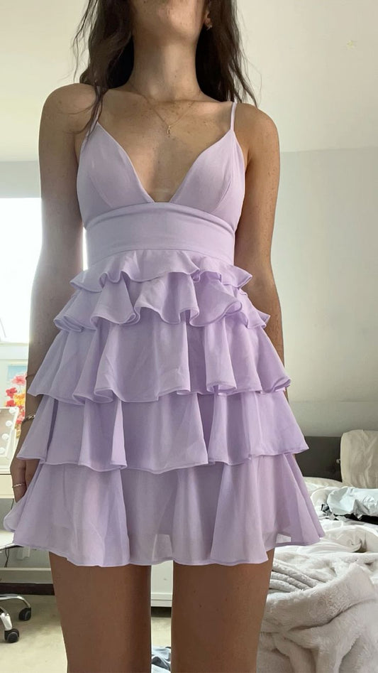 Vestido de fiesta corto de gasa lila con tirantes finos, corte A, elegante, para regreso a casa y cumpleaños GG3118