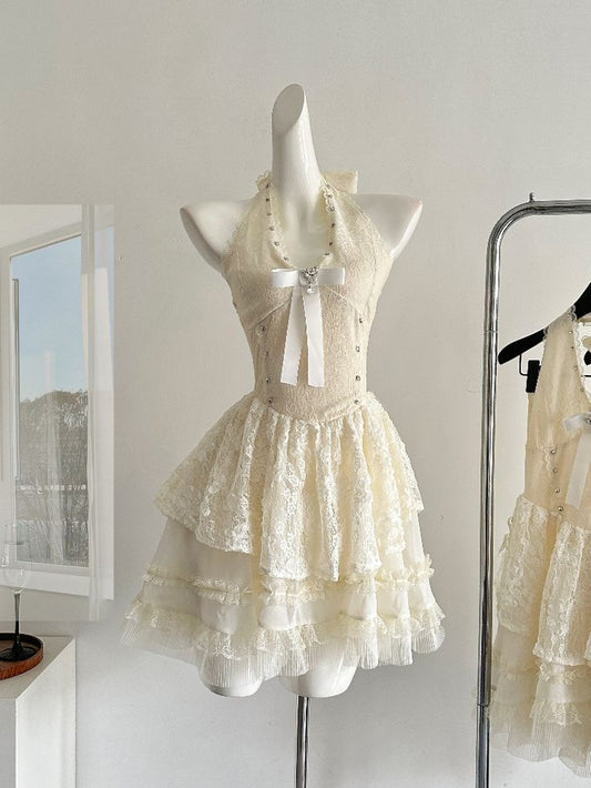 Hermoso vestido de fiesta corto de encaje con cuello halter, corte A, para regreso a casa y cumpleaños GG3119