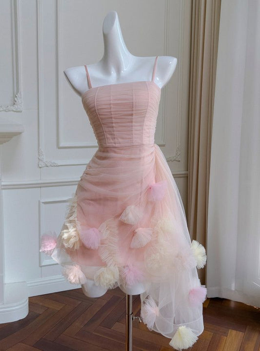 Vestido corto de fiesta de tul rosa con tirantes finos, corte A, para regreso a casa y cumpleaños GG3122