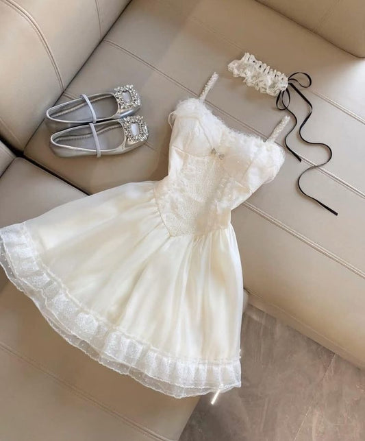 Vestido corto de fiesta con tirantes finos, corte A, tul y encaje, ideal para el regreso a casa y cumpleaños GG3124