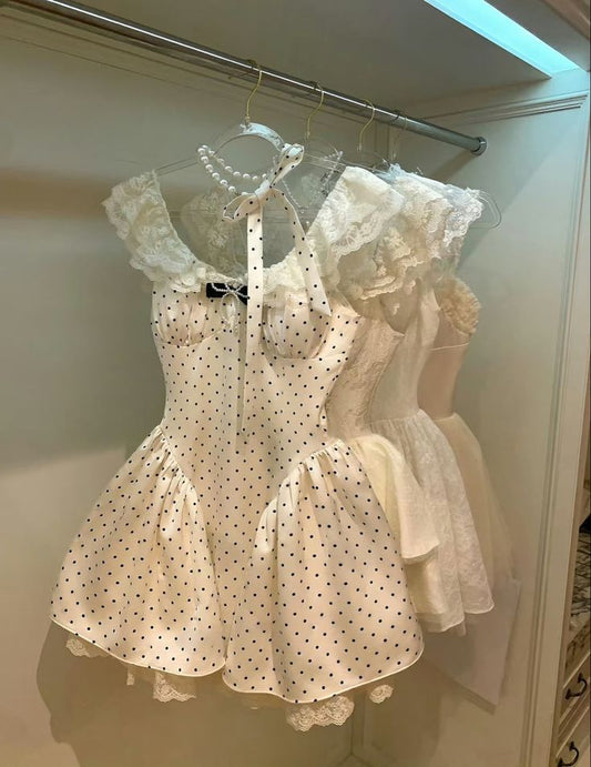 Vestido de fiesta corto de satén con cuello bajo y lunares, corte en A, para regreso a casa y cumpleaños GG3129