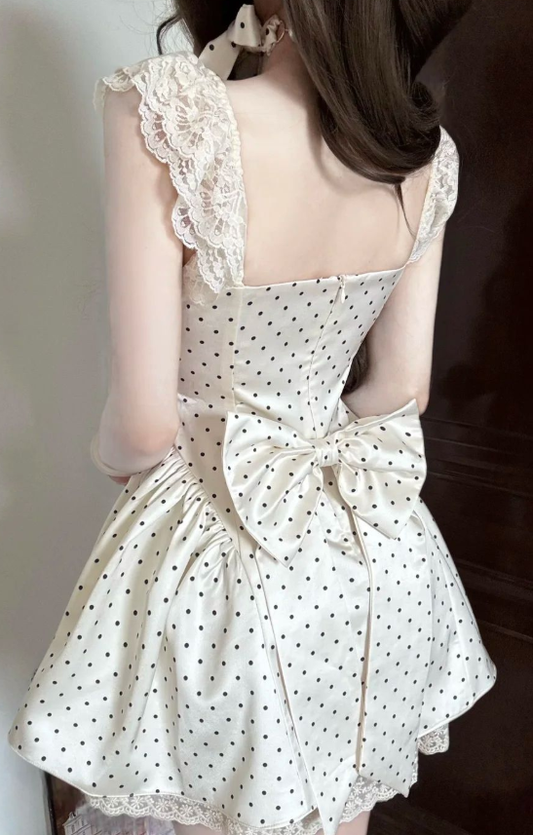 Vestido de fiesta corto de satén con cuello bajo y lunares, corte en A, para regreso a casa y cumpleaños GG3129