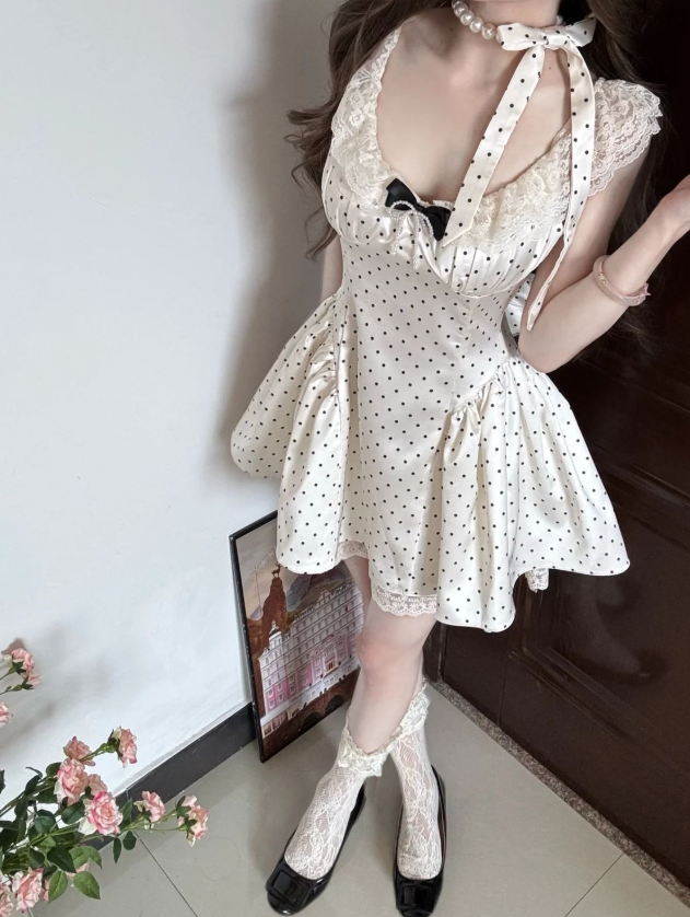Vestido de fiesta corto de satén con cuello bajo y lunares, corte en A, para regreso a casa y cumpleaños GG3129