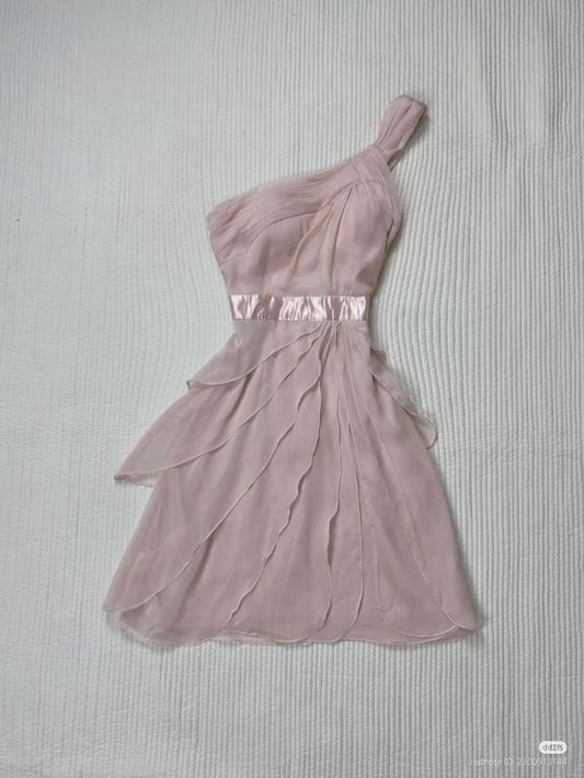 Vestido de fiesta corto de gasa con un solo hombro, corte A, color rosa empolvado, para regreso a casa y cumpleaños GG3133