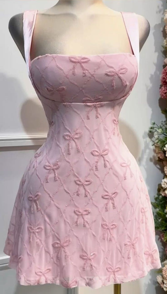 Vestido de fiesta corto rosa de satén con lazo cuadrado, corte A, para regreso a casa y cumpleaños GG3136