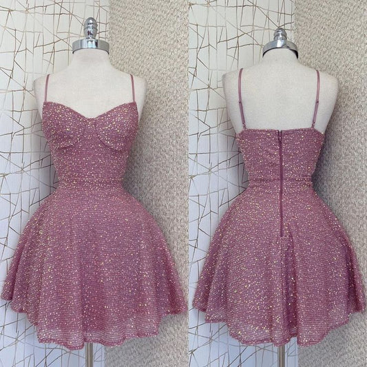 Vestido de fiesta corto de satén con lentejuelas y tirantes finos, corte en A, con purpurina, para regreso a casa y cumpleaños GG3139