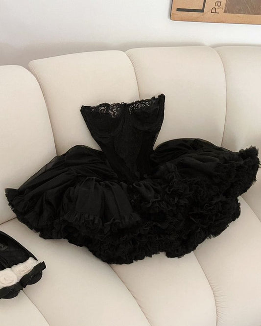 Vestido de fiesta corto de satén con encaje, sin tirantes, color negro, para regreso a casa y cumpleaños GG3142