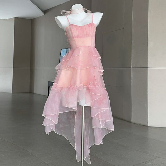 Vestido corto de fiesta de tul con tirantes finos, corte A, color rosa, para regreso a casa y cumpleaños GG3144