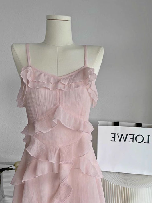 Vestido corto rosa de gasa con volantes, corte A, tirantes finos, para fiesta de graduación, fiesta de bienvenida y cumpleaños GG3145