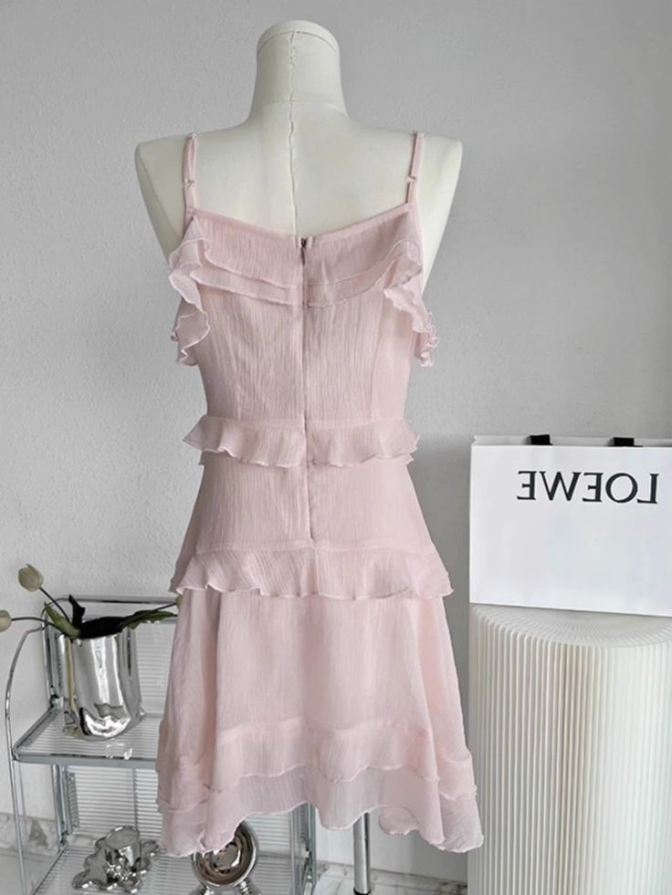 Vestido corto rosa de gasa con volantes, corte A, tirantes finos, para fiesta de graduación, fiesta de bienvenida y cumpleaños GG3145