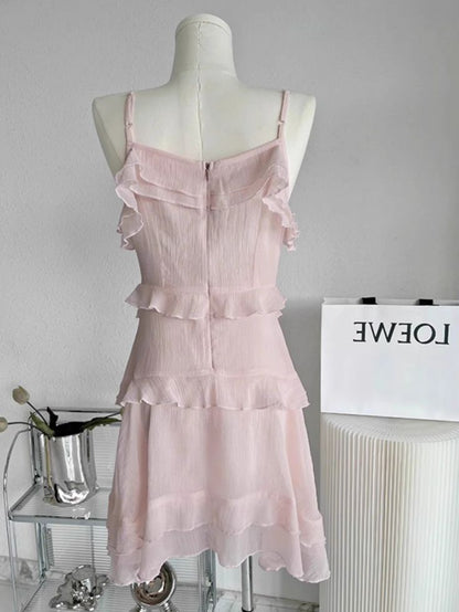 Vestido corto rosa de gasa con volantes, corte A, tirantes finos, para fiesta de graduación, fiesta de bienvenida y cumpleaños GG3145